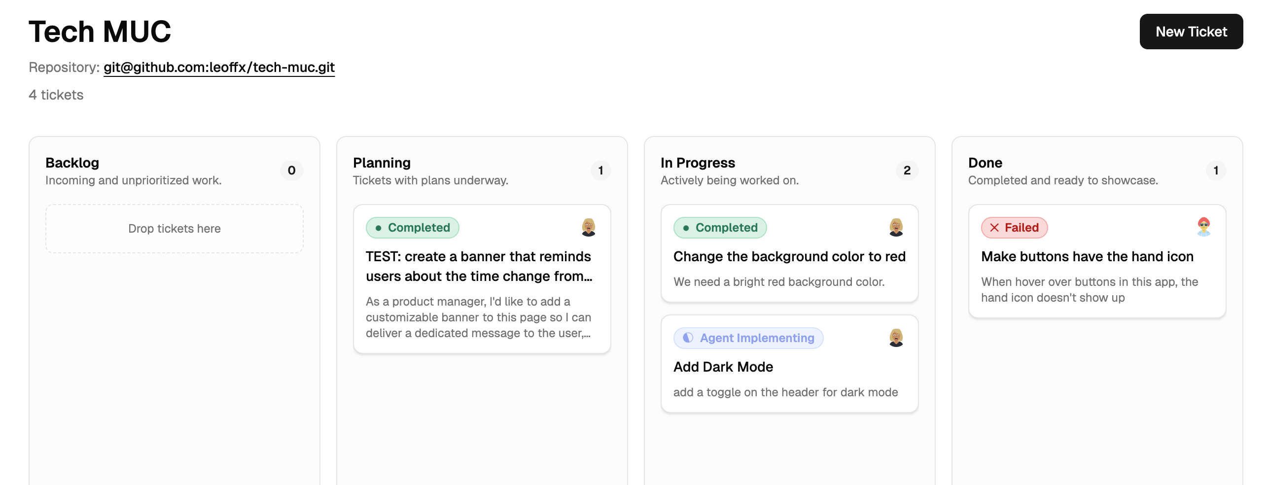 Agents Kanban board showing tickets in different stages with AI agent status badges